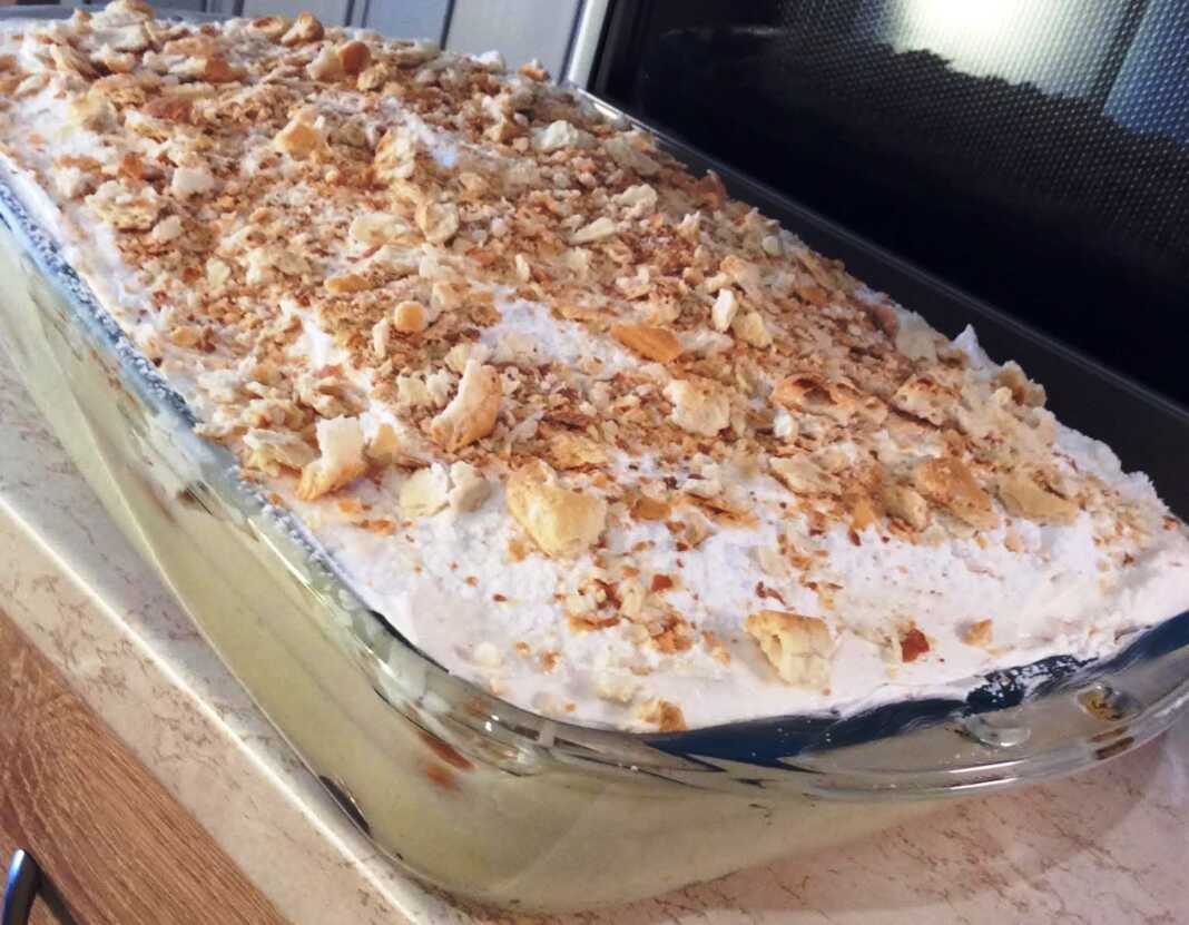 milfeig me krem krakers Ένα ολόκληρο Μιλφέιγ με κράκερς, με στρώσεις κρέμας πατισερί και σαντιγί, πασπαλισμένο με τριμμένα κράκερς