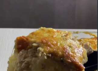 Ογκρατέν Πατάτας με Κοτόπουλο και Μανιτάρια Κομμάτι από Ογκρατέν Πατάτας με Κοτόπουλο και Μανιτάρια, που αναδεικνύει τις στρώσεις των υλικών.