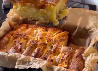 Αφράτη πίτα με τυρί και μήλο, φρεσκοψημένη σε στρογγυλή φόρμα