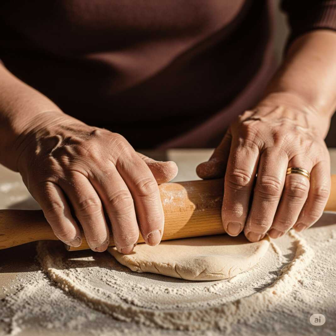 spitiko filo Λεπτό, χειροποίητο φύλλο για πίτα απλωμένο σε αλευρωμένη επιφάνεια, έτοιμο για χρήση.