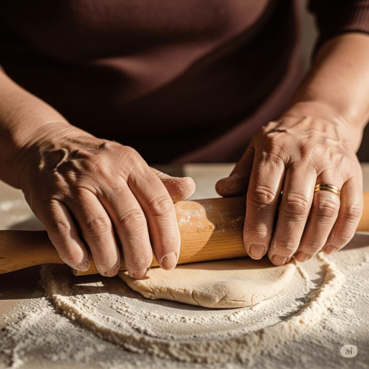 Λεπτό, χειροποίητο φύλλο για πίτα απλωμένο σε αλευρωμένη επιφάνεια, έτοιμο για χρήση.