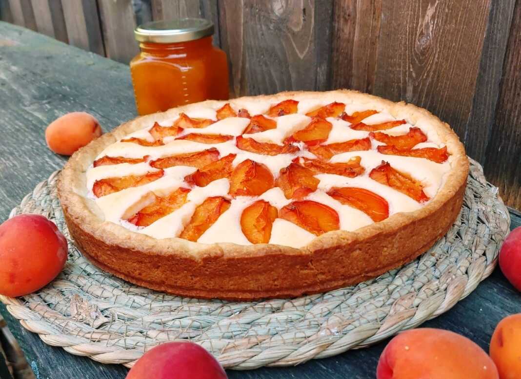 Ζουμερή Τάρτα με κρέμα και βερίκοκα, φρεσκοψημένη σε στρογγυλή φόρμα.