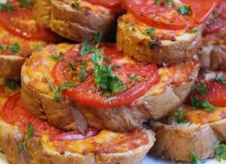 Κοντινό πλάνο σε ένα ζεστό τοστ Τεμπέλικη Πίτσα, με λιωμένο τυρί και μία φέτα ντομάτας