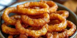 Ένα Πιάτο γεμάτο χρυσαφένια, τραγανά τηγανητά δαχτυλίδια κρεμμυδιού, έτοιμα για απόλαυση."