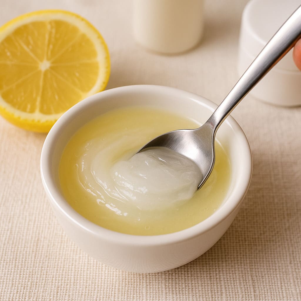 vaselini lemoni Κοντινό πλάνο ενός μικρού μπολ με λευκή βαζελίνη και φρεσκοστυμμένο χυμό λεμονιού, με ένα κουτάλι να ανακατεύει το μείγμα, σε ένα φόντο που υποδηλώνει περιποίηση δέρματος