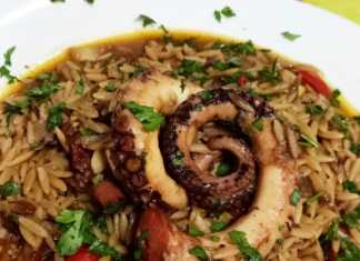 Ζεστό χταποδάκι με κριθαράκι σε πιάτο, γαρνιρισμένο με φρέσκο μαϊντανό