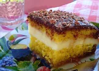 Ένα κομμάτι από αφράτο κωκ, που φαίνεται η στρώση της κρέμας και το παντεσπάνι