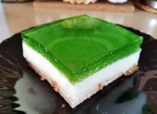 Ένα κομμάτι γλυκό ψυγείου, που φαίνονται καθαρά οι τρεις στρώσεις: μπισκότα, κρέμα και ζελέ