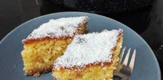 Κοντινό πλάνο σε ένα κομμάτι ραβανί, που φαίνεται η ζουμερή του υφή και το ινδοκάρυδο