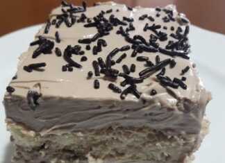 Ένα ολόκληρο κομμάτι από την Τούρτα σεράνο, με τις στρώσεις από σαβαγιάρ και κρέμα να διακρίνονται καθαρά