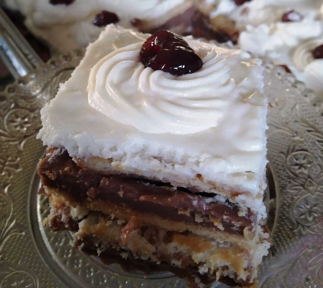 Μια κοντινή φωτογραφία από το γλυκό ψυγείου, που δείχνει τις στρώσεις του μπισκότου και της σοκολατένιας κρέμας