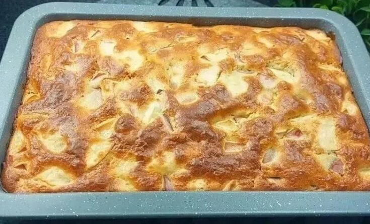 Το κέικ μηλόπιτα μέσα στο ταψί, βγαλμένο μόλις από τον φούρνο με χρυσαφένια επιφάνεια