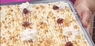 Μια κοντινή φωτογραφία από το ταψί με τις σιροπιασμένες φρυγανιές και την καρυδόψιχα