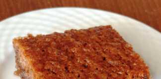 Μια κοντινή φωτογραφία με ένα κομμάτι καρυδόπιτας, από όπου φαίνεται η αφράτη υφή και το πλούσιο σιρόπι