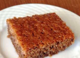 Μια κοντινή φωτογραφία με ένα κομμάτι καρυδόπιτας, από όπου φαίνεται η αφράτη υφή και το πλούσιο σιρόπι