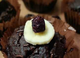 Μια κοντινή φωτογραφία από ένα αφράτο μάφιν, με κομμάτια σοκολάτας να φαίνονται