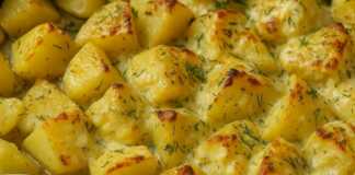 Ένα ταψί με λαχταριστές πατάτες στον φούρνο, με κρεμώδη σάλτσα τυριού