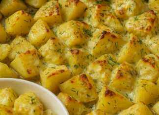 Ένα ταψί με λαχταριστές πατάτες στον φούρνο, με κρεμώδη σάλτσα τυριού