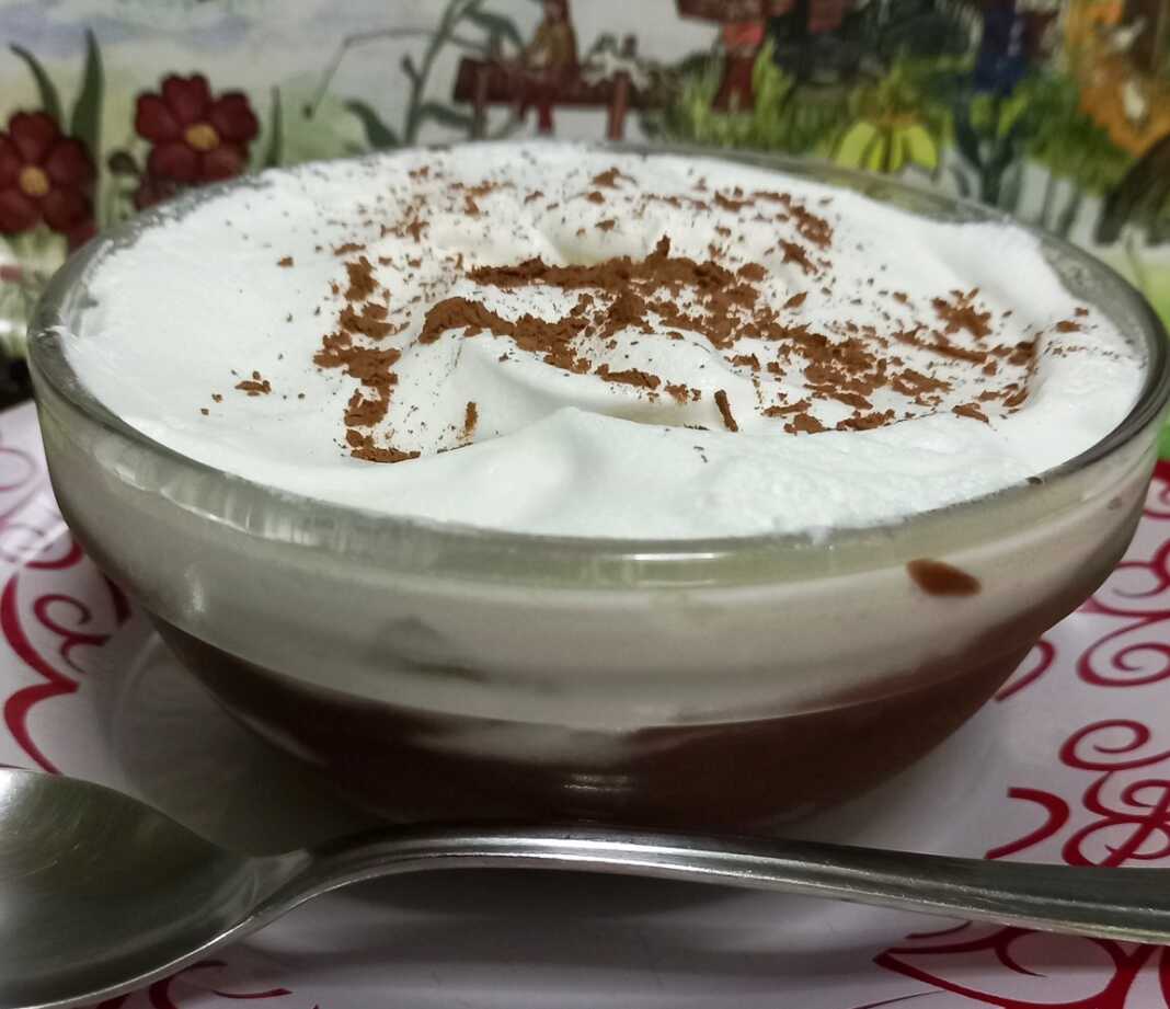 Ένα μπολ με έτοιμο προφιτερόλ χωρίς ζάχαρη, με σαντιγύ και κακάο