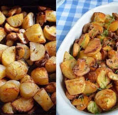 Ένα κοντινό πλάνο με τις ψητές πατάτες με μανιτάρια και σκόρδο, ζεστές και ροδοψημένες μέσα στο ταψί