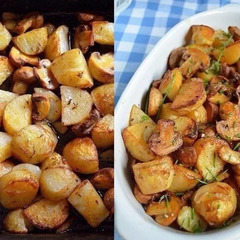 psites-patates-me-manitaria-kai-skordo Ένα κοντινό πλάνο με τις ψητές πατάτες με μανιτάρια και σκόρδο, ζεστές και ροδοψημένες μέσα στο ταψί