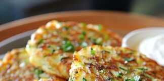 Ζεστές, φρεσκοτηγανισμένες αλμυρές τηγανίτες λαχανικών σε ένα πιάτο, με μια κουταλιά γιαούρτι