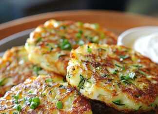 Ζεστές, φρεσκοτηγανισμένες αλμυρές τηγανίτες λαχανικών σε ένα πιάτο, με μια κουταλιά γιαούρτι