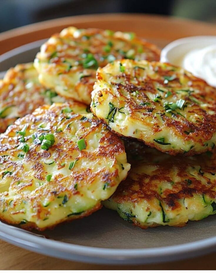 Ζεστές, φρεσκοτηγανισμένες αλμυρές τηγανίτες λαχανικών σε ένα πιάτο, με μια κουταλιά γιαούρτι