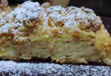 Φέτα από αφράτη αόρατη μηλόπιτα, με λεπτά κομμάτια μήλου.