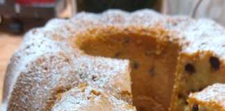 Αφράτο κέικ σοκολάτα-πορτοκάλι με σταγόνες σοκολάτας, έτοιμο για σερβίρισμα