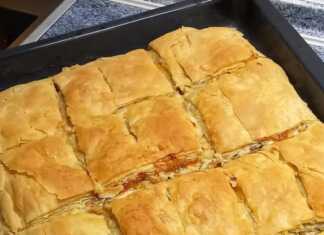 Κοτόπιτα με τραγανό φύλλο, κομμένη σε κομμάτια, έτοιμη για σερβίρισμα.