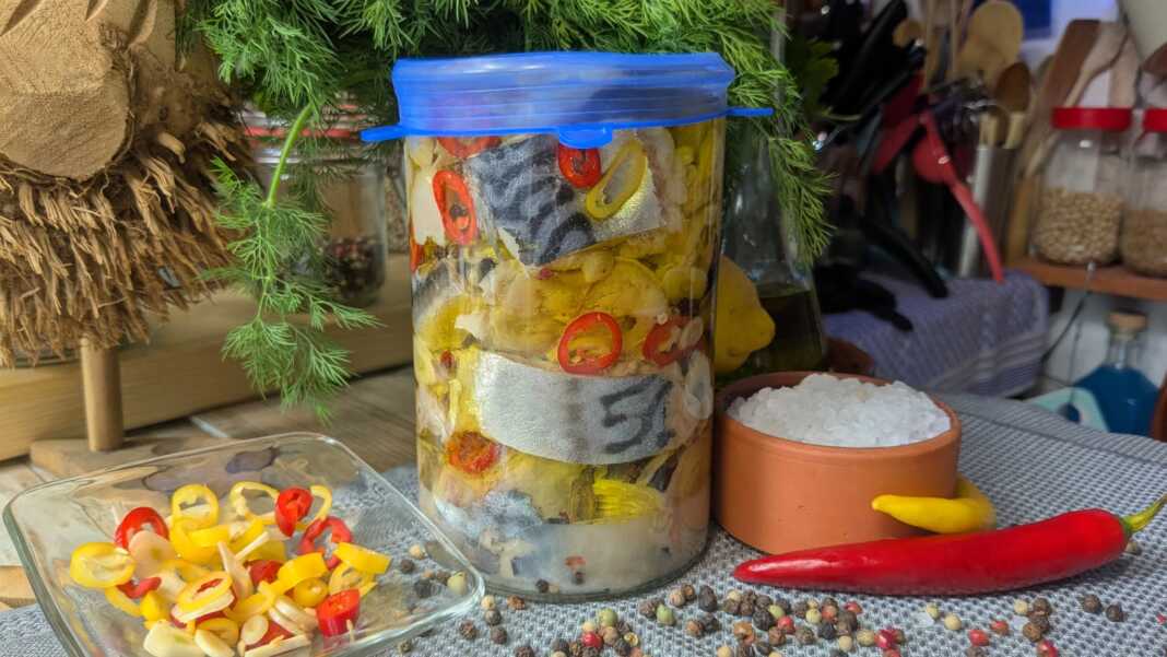 Λακέρδα Σκούμπρι Μαρινάτο κομμένη σε φέτες και τοποθετημένη σε βάζο με λάδι