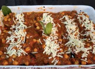 Mελιτζάνα με ρεβίθια και τυρί στο φούρνο μελιτζάνα με ρεβίθια και τυρί στο φούρνο