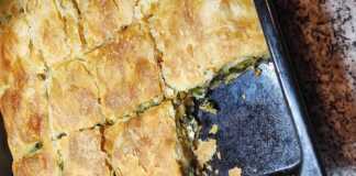 Σπανακοτυρόπιτα με φύλλο από ρεβυθόζουμο, φρεσκοψημένη και χρυσαφένια