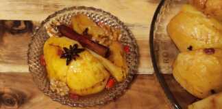 Ζεστά ψητά κομμάτια κυδωνιού με καρύδια, γλυκάνισο και πλούσια σάλτσα με κρέμα βαλσάμικου σε μπολ