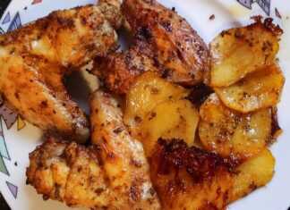 Φτερούγες με Λεμονάτες Πατάτες στο Φούρνο Χρυσαφένιες φτερούγες κοτόπουλου και λεμονάτες πατάτες ψημένες στο φούρνο, σερβιρισμένες σε ταψί