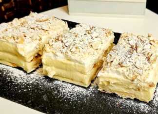 Έτοιμο Μιλφέιγ με μπισκότα Cream Crackers, πλούσια κρέμα ζαχαροπλαστικής και πασπαλισμένο με ζάχαρη άχνη και κανέλα