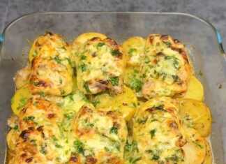 Ρολά στήθους κοτόπουλου γεμισμένα με τυρί και μαϊντανό, ψημένα σε ταψί με πατάτες σε φέτες και περιχυμένα με λευκοκίτρινη σάλτσα