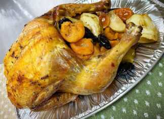 Ολόκληρο ψημένο κοτόπουλο με χρυσαφένια κρούστα, τοποθετημένο σε ταψί με ψημένα κομμάτια μήλων και αποξηραμένα βερίκοκα.