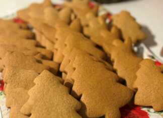 Γιορτινά μπισκότα τζίντζερ κομμένα σε διάφορα σχήματα, ελαφρώς ροδισμένα, παρατεταγμένα σε ταψί.