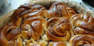 Στρογγυλή φόρμα γεμάτη με ψημένα αφράτα ψωμάκια κανέλας με πλούσια γέμιση, μουλιασμένα σε σιρόπι.