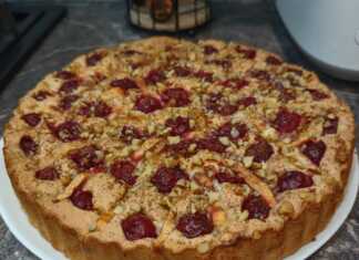 Ένα μεγάλο κομμάτι αφράτου κέικ Σαρλοτ με ροδοκοκκινισμένη κρούστα, γεμιστή με ολόκληρα κεράσια και φέτες μήλου,