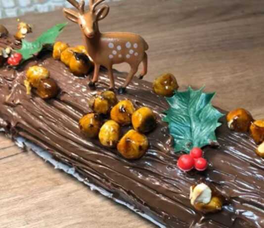 Ένας πλούσιος σοκολατένιος κορμός τυλιγμένος με πραλίνα, διακοσμημένος με ολόκληρα καραμελωμένα φουντούκια και ελαφρώς χαραγμένος για να μιμηθεί τον φλοιό δέντρου.