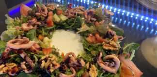 Χριστουγεννιάτικη Σαλάτα με Χταπόδι και Μύδια: Η Πιο Εκλεπτυσμένη Επιλογή για τις Γιορτές! Μια πανέμορφη γιορτινή σαλάτα με τρυφερά κομμάτια χταποδιού, μύδια, πολύχρωμα λαχανικά και τραγανά καρύδια.