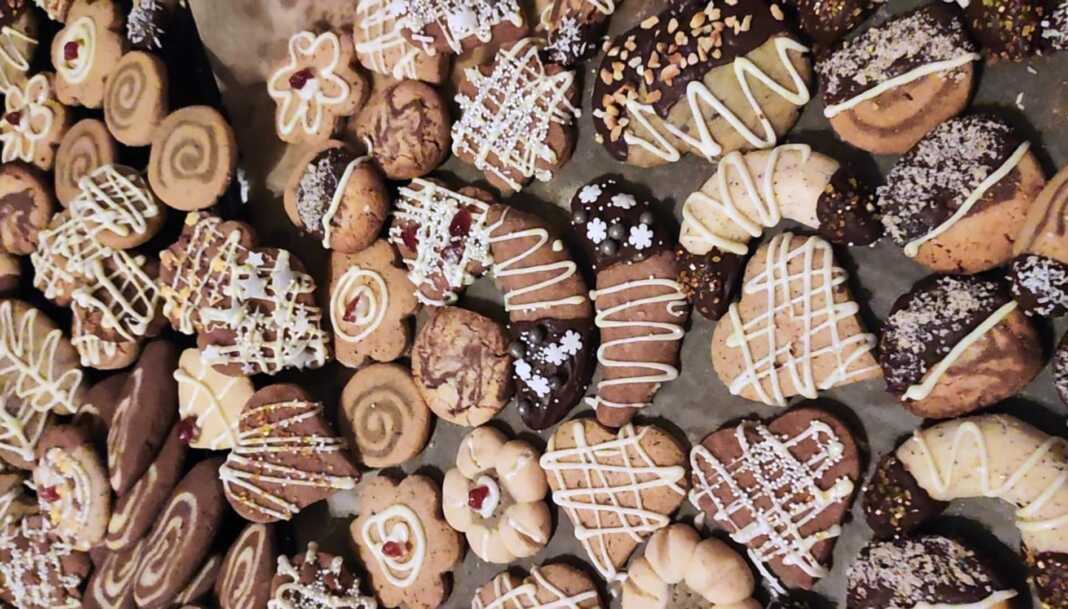 Διακοσμημένα χριστουγεννιάτικα μπισκότα σε διάφορα σχήματα (αστέρι,** έντρο, με γλάσο και χρωματιστή τρουφάκια.