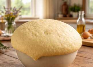 Μια φουσκωμένη, λευκή και ελαστική ζύμη μέσα σε ένα μπολ, σκεπασμένη με μια παραδοσιακή πετσέτα κουζίνας.