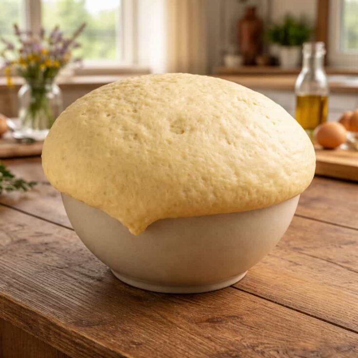 Μια φουσκωμένη, λευκή και ελαστική ζύμη μέσα σε ένα μπολ, σκεπασμένη με μια παραδοσιακή πετσέτα κουζίνας.