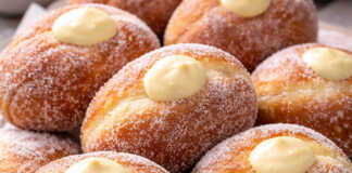 Μια σειρά από χρυσαφένια, πασπαλισμένα με άχνη ζάχαρη ιταλικά ντόνατς (Μπομπολόνι), όπου από την πλαϊνή τρύπα ξεχειλίζει πλούσια κίτρινη κρέμα βανίλιας.