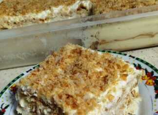 Ένα λαχταριστό γλυκό μιλφέιγ σε ταψί, καλυμμένο με πλούσια σαντιγί και τριμμένα τραγανά σφολιατίνια.