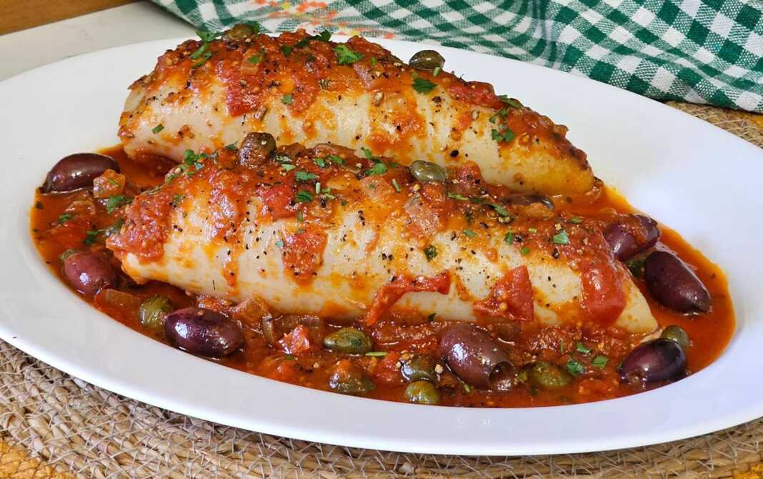 2 μεγάλα γεμιστά καλαμάρια μέσα σε μια πλούσια κόκκινη σάλτσα με ντοματίνια, ελιές και κάπαρη, σερβιρισμένα σε ένα πήλινο σκεύος.